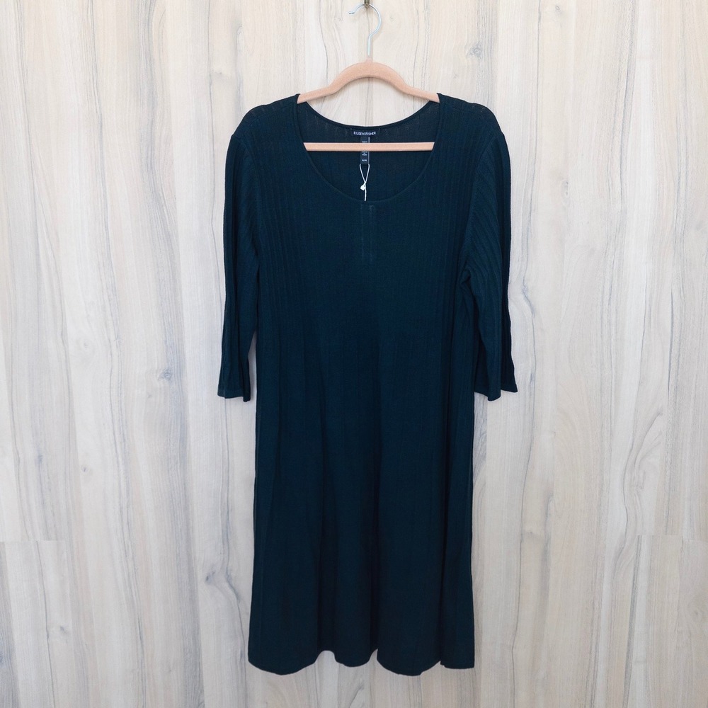 Eileen Fisher Sweater Dress XL Black Merino Wool Ribbed Knit Quiet Luxury Chic
